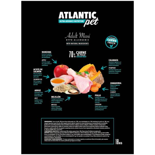 ATLANTICPET RECETA POLLO Y ARROZ ADULTO MAXI 65% CARNE 18 KILOS