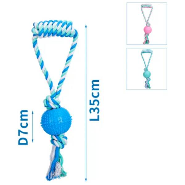 NOBLEZA Juguete para perros de cuerda de algodon con bola y mango TPR (D7*L35cm) AZUL