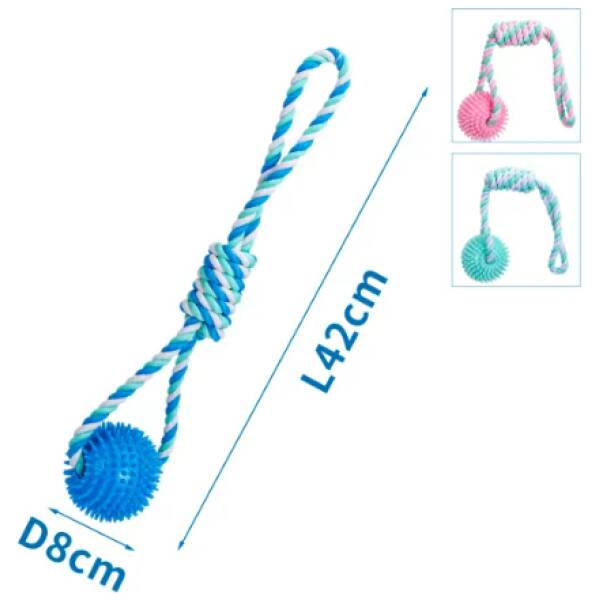 NOBLEZA Juguete para perros de cuerda de algodón con bola y mango de TPR (D8*L42cm) AZUL